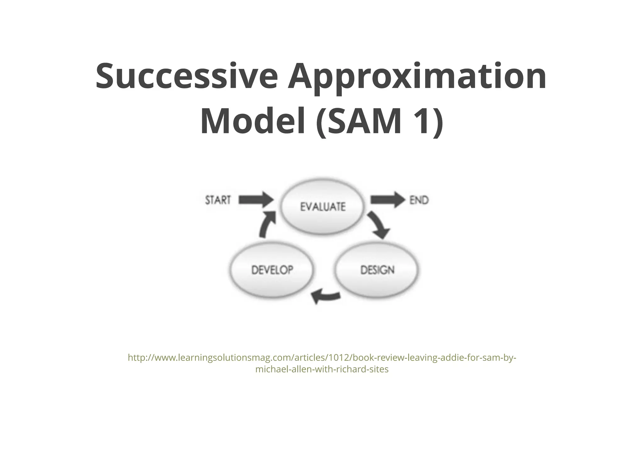 Successive ApproximationSuccessive Approximation
Model (SAM 1)Model (SAM 1)
http://www.learningsolutionsmag.com/articles/1012/book-review-leaving-addie-for-sam-by-
michael-allen-with-richard-sites
 