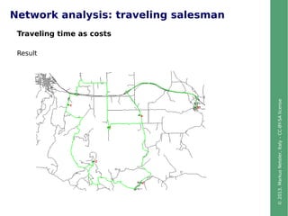 ©2013,MarkusNeteler,Italy–CC-BY-SAlicense
Traveling time as costs
Result
Network analysis: traveling salesman
 
