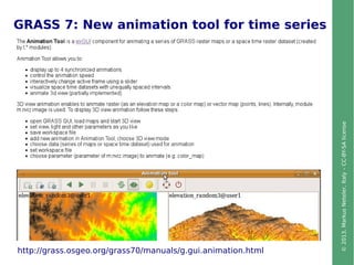 ©2013,MarkusNeteler,Italy–CC-BY-SAlicense
GRASS 7: New animation tool for time series
http://grass.osgeo.org/grass70/manuals/g.gui.animation.html
 