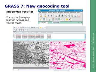 ©2013,MarkusNeteler,Italy–CC-BY-SAlicense
GRASS 7: New geocoding tool
Image/Map rectifier
For raster (imagery,
historic scans) and
vector maps
 