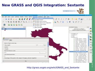 ©2013,MarkusNeteler,Italy–CC-BY-SAlicense
New GRASS and QGIS Integration: Sextante
http://grass.osgeo.org/wiki/GRASS_and_Sextante
 