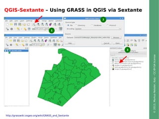 ©2013,MarkusNeteler,Italy–CC-BY-SAlicense
QGIS-Sextante – Using GRASS in QGIS via Sextante
1
2
3
http://grasswiki.osgeo.org/wiki/GRASS_and_Sextante
 