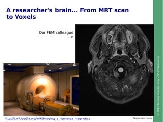 ©2013,MarkusNeteler,Italy–CC-BY-SAlicense
http://it.wikipedia.org/wiki/Imaging_a_risonanza_magnetica
Our FEM colleague
-->
Personal comm.
A researcher's brain... From MRT scan
to Voxels
 