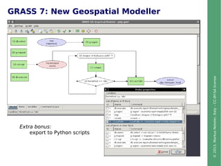 ©2013,MarkusNeteler,Italy–CC-BY-SAlicense
GRASS 7: New Geospatial Modeller
Extra bonus:
export to Python scripts
 