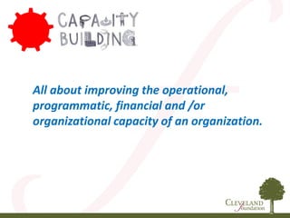 All about improving the operational,
programmatic, financial and /or
organizational capacity of an organization.
 