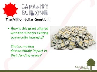 The Million dollar Question:
• How is this grant aligned
with the funders existing
community interests?
That is, making
demonstrable impact in
their funding areas?
 