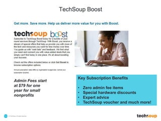 © TechSoup | All rights reserved.153
Key Subscription Benefits
• Zero admin fee items
• Special hardware discounts
• Expert advice
• TechSoup voucher and much more!
Admin Fees start
at $79 for one
year for small
nonprofits
TechSoup Boost
 