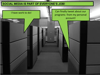 I have work to do! Can finally tweet about our
programs from my personal
account!
SOCIAL MEDIA IS PART OF EVERYONE’S JOB!
 