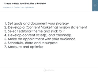 65
7 Steps to Help You Think Like a Publisher
Position Your Content as a Digital Asset
1. Set goals and document your strategy
2. Develop a (Content Marketing) mission statement
3. Select editorial theme and stick to it
4. Develop content asset(s) and channel(s)
5. Make an appointment with your audience
6. Schedule, share and repurpose
7. Measure and optimize
 
