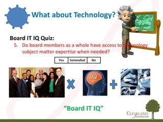 Board IT IQ Quiz:
5. Do board members as a whole have access to technology
subject matter expertise when needed?
“Board IT IQ”
What about Technology?
 