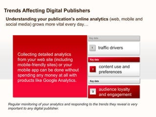 Trends Affecting Digital Publishers
Understanding your publication's online analytics (web, mobile and
social media) grows more vital every day…


                                                      Key data


                                                        1        traffic drivers
       Collecting detailed analytics
       from your web site (including                  Key data

       mobile-friendly sites) or your                            content use and
       mobile app can be done without                   2
                                                                 preferences
       spending any money at all with
       products like Google Analytics.                Key data



                                                        3
                                                                 audience loyalty
                                                                 and engagement

 Regular monitoring of your analytics and responding to the trends they reveal is very
 important to any digital publisher.
 
