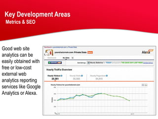 Key Development Areas
 Metrics & SEO




Good web site
analytics can be
easily obtained with
free or low-cost
external web
analytics reporting
services like Google
Analytics or Alexa.
 