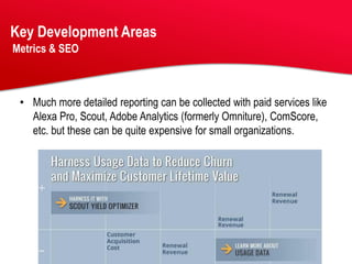 Key Development Areas
Metrics & SEO



 • Much more detailed reporting can be collected with paid services like
   Alexa Pro, Scout, Adobe Analytics (formerly Omniture), ComScore,
   etc. but these can be quite expensive for small organizations.
 
