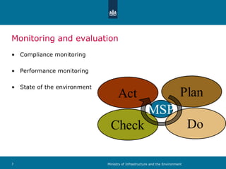 Monitoring and evaluation
• Compliance monitoring
• Performance monitoring
• State of the environment
7 Ministry of Infras...