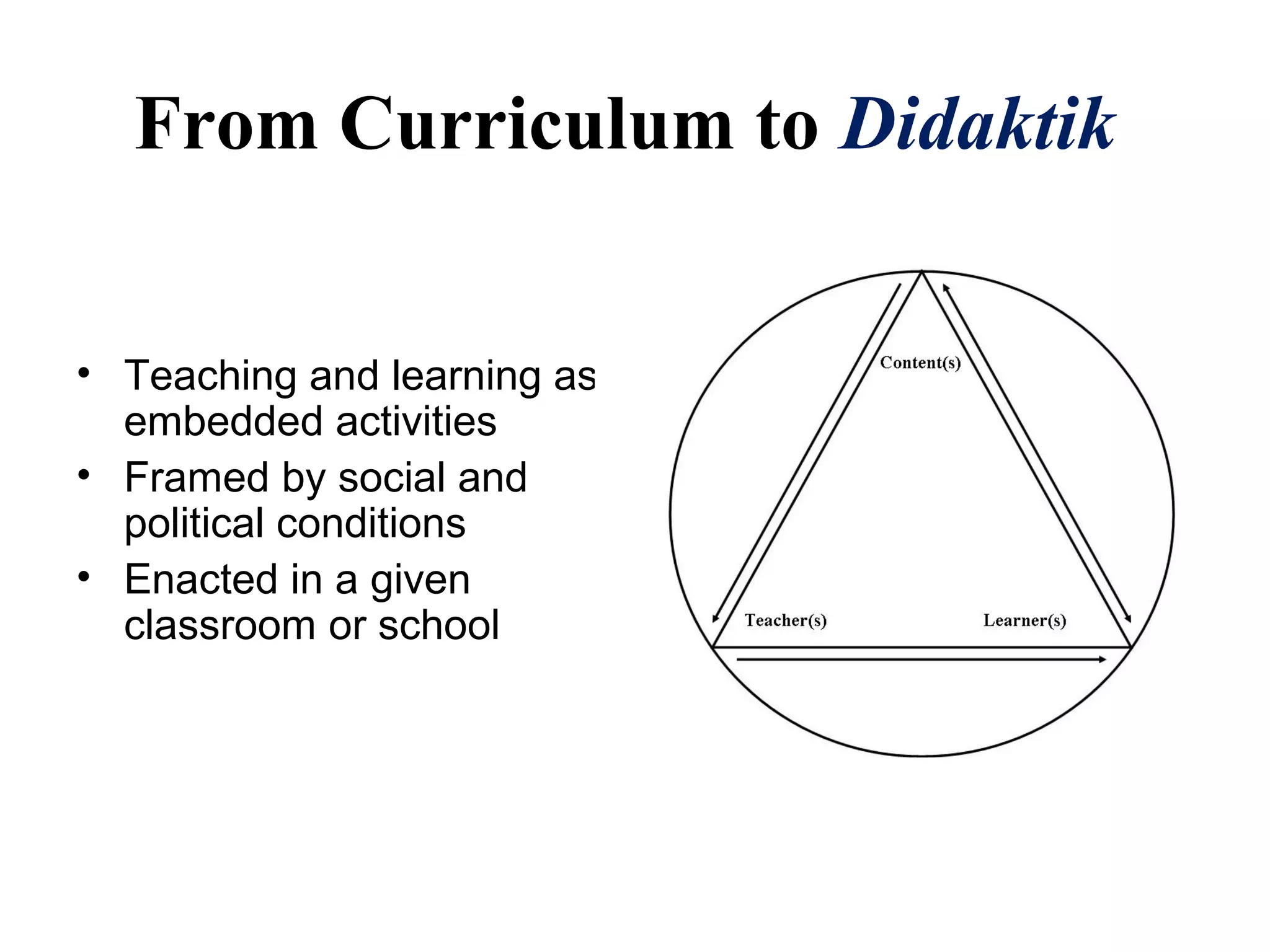 • Teaching and learning as
embedded activities
• Framed by social and
political conditions
• Enacted in a given
classroom or school
From Curriculum to Didaktik
 