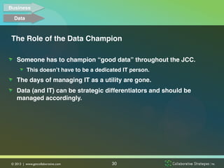 Business!

   Data!



 The Role of the Data Champion!

!   Someone has to champion “good data” throughout the JCC. !
      !   This doesn’t have to be a dedicated IT person.!
!   The days of managing IT as a utility are gone. !
!   Data (and IT) can be strategic differentiators and should be
    managed accordingly. !




 © 2013 | www.getcollaborative.com	

    30
 