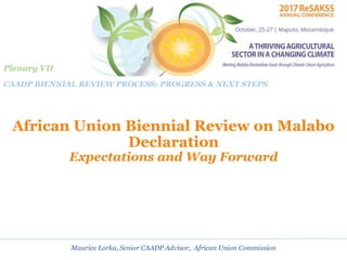 African Union Biennial Review on Malabo
Declaration
Expectations and Way Forward
Maurice Lorka, Senior CAADP Advisor, African Union Commission
CAADP BIENNIAL REVIEW PROCESS: PROGRESS & NEXT STEPS
Plenary VII
 