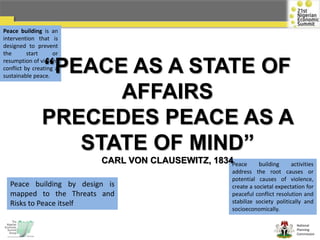 National
Planning
Commission
Peace building is an
intervention that is
designed to prevent
the start or
resumption of violent
conflict by creating a
sustainable peace.
Peace building activities
address the root causes or
potential causes of violence,
create a societal expectation for
peaceful conflict resolution and
stabilize society politically and
socioeconomically.
Peace building by design is
mapped to the Threats and
Risks to Peace itself
“PEACE AS A STATE OF
AFFAIRS
PRECEDES PEACE AS A
STATE OF MIND”
CARL VON CLAUSEWITZ, 1834
 