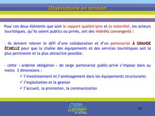 Pour ces deux éléments que sont  le rapport qualité/prix  et  la notoriété , les acteurs touristiques, qu’ils soient publics ou privés, ont des  intérêts convergents  : ils doivent relever le défi d’une collaboration et d’un  partenariat  À GRANDE ÉCHELLE  pour que la chaîne des équipements et des services touristiques soit la plus pertinente et la plus attractive possible. cette « ardente obligation » de large partenariat public-privé s’impose dans au moins  3 dimensions : l’investissement et l’aménagement dans les équipements structurants l’exploitation et la gestion l’accueil, la promotion, la communication Destinations en tension 