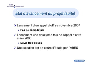 20-21 mai 2008
abes
agence bibliographique de l’enseignement supérieur
Lancement d’un appel d’offres novembre 2007
Pas de candidature
Lancement une deuxième fois de l’appel d’offre
mars 2008
Devis trop élevés
Une solution est en cours d’étude par l’ABES
État d’avancement du projet (suite)
 
