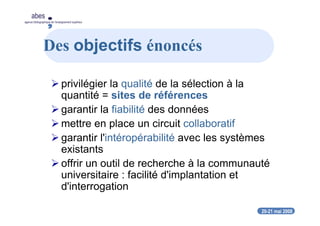 20-21 mai 2008
abes
agence bibliographique de l’enseignement supérieur
Des objectifs énoncés
privilégier la qualité de la sélection à la
quantité = sites de références
garantir la fiabilité des données
mettre en place un circuit collaboratif
garantir l'intéropérabilité avec les systèmes
existants
offrir un outil de recherche à la communauté
universitaire : facilité d'implantation et
d'interrogation
 