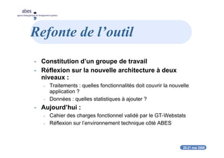 20-21 mai 2008
abes
agence bibliographique de l’enseignement supérieur
Refonte de l’outil
- Constitution d’un groupe de travail
- Réflexion sur la nouvelle architecture à deux
niveaux :
- Traitements : quelles fonctionnalités doit couvrir la nouvelle
application ?
- Données : quelles statistiques à ajouter ?
- Aujourd’hui :
- Cahier des charges fonctionnel validé par le GT-Webstats
- Réflexion sur l’environnement technique côté ABES
 