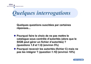 20-21 mai 2008
abes
agence bibliographique de l’enseignement supérieur
Quelques interrogations
Quelques questions suscitées par certaines
réponses...
Pourquoi faire le choix de ne pas mettre le
catalogue sous contrôle d’autorités (alors que le
SIGB peut gérer un fichier d’autorités) ?
(questions 1.8 et 1.9) (environ 5%)
Pourquoi recevoir les autorités (fichier C) mais ne
pas les intégrer ? (question 1.10) (environ 10%)
 