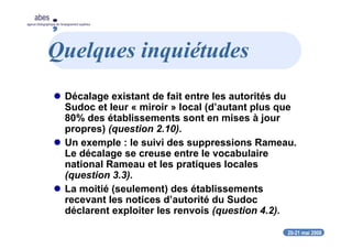 20-21 mai 2008
abes
agence bibliographique de l’enseignement supérieur
Quelques inquiétudes
Décalage existant de fait entre les autorités du
Sudoc et leur « miroir » local (d’autant plus que
80% des établissements sont en mises à jour
propres) (question 2.10).
Un exemple : le suivi des suppressions Rameau.
Le décalage se creuse entre le vocabulaire
national Rameau et les pratiques locales
(question 3.3).
La moitié (seulement) des établissements
recevant les notices d’autorité du Sudoc
déclarent exploiter les renvois (question 4.2).
 