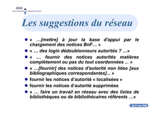 20-21 mai 2008
abes
agence bibliographique de l’enseignement supérieur
Les suggestions du réseau
« …[mettre] à jour la base d'appui par le
chargement des notices BnF… »
« … des login dédoublonneurs autorités ? …»
« … fournir des notices autorités matières
complètement ou pas du tout coordonnées ... »
« …[fournir] des notices d'autorité non liées [aux
bibliographiques correspondantes]... »
fournir les notices d’autorité « localisées »
fournir les notices d’autorité supprimées
« … faire un travail en réseau avec des listes de
bibliothèques ou de bibliothécaires référents …»
 