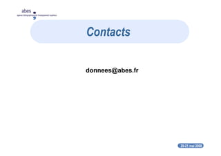 20-21 mai 2008
abes
agence bibliographique de l’enseignement supérieur
donnees@abes.fr
Contacts
 