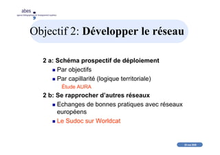 20 mai 2008
abes
agence bibliographique de l’enseignement supérieur
Objectif 2: Développer le réseau
2 a: Schéma prospectif de déploiement
Par objectifs
Par capillarité (logique territoriale)
Étude AURA
2 b: Se rapprocher d’autres réseaux
Echanges de bonnes pratiques avec réseaux
européens
Le Sudoc sur Worldcat
 
