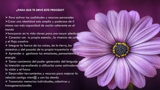 ➢ Para activar tus cualidades y recursos personales
➢Crear una identidad más amplia y poderosa de ti
misma con más capacidad de acción coherente en el
mundo
➢Incorporar en tu vida claves para una mayor plenitud
➢ Conectar con tu propia esencia , la vivencia de unidad
y el flujo creativo
➢ Integrar la fuerza de tus raíces, de la tierra, los
ancestros y del pasado de tu propia trayectoria vital
➢ Aprender a gestionar tus emociones, pensamientos y
energía
➢ Tomar conciencia del poder generador del lenguaje y
la intención aprendiendo a utilizarlos como activadores de
la visión y el futuro
➢ Desarrollar herramientas y recursos para mejorar la
relación contigo mism@ y con los demás
➢ Transmutar memorias individuales, colectivas y
transgeneracionales
¿PARA QUE TE SIRVE ESTE PROCESO?
 