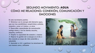 SEGUNDO MOVIMIENTO: AGUA
CÓMO ME RELACIONO: CONEXIÓN, COMUNICACIÓN Y
EMOCIONES
En este movimiento podrás:
➢ Sintonizar con la energía del elemento agua,
que nos trae sensibilidad, receptividad, cuidado,
conexión y amor a tí misma y a otros
➢ Desarrollar capacidades de comunicación
contigo misma y con las demás: escucha,
empatía, confianza
➢ Ampliar tu capacidad de conectar y resonar
➢ Mejorar la gestión de tu energía en el día a
día creando un mapa de vida sostenible y
saludable
➢ Aprender a vivir y gestionar tus emociones de
una manera sana y eficiente
 