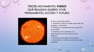 TERCER MOVIMIENTO: FUEGO
QUÉ REALIDAD QUIERO VIVIR:
PENSAMIENTO, ACCIÓN Y FUTURO
En este movimiento podrás:
➢ Aprender a utilizar el poder generador del
lenguaje y la intención
➢ Gestionar el pensamiento para convertirlo
en tu aliado
➢ Conectar con la convicción y la
determinación al servicio de tus retos y
objetivos
➢ Sintonizar con el mejor de tus futuros
➢ Materializar tu visión a través de la acción
coherente
 