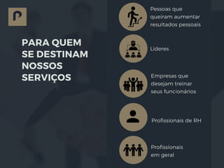 PARA QUEM
SE DESTINAM
NOSSOS
SERVIÇOS
Líderes
Empresas que
desejam treinar
seus funcionários
Profissionais de RH
Profissionais
em geral
Pessoas que
queiram aumentar
resultados pessoais
 