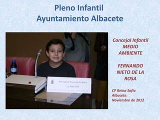 Pleno Infantil
Ayuntamiento Albacete

                  Concejal Infantil
                      MEDIO
                    AMBIENTE

                    FERNANDO
                    NIETO DE LA
                       ROSA

                  CP Reina Sofía
                  Albacete.
                  Noviembre de 2012
 