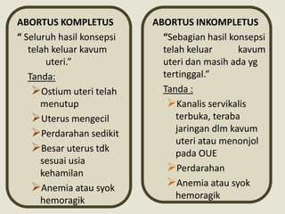 ABORTUS KOMPLETUS          ABORTUS INKOMPLETUS
“ Seluruh hasil konsepsi     “Sebagian hasil konsepsi
   telah keluar kavum        telah keluar      kavum
       uteri.”               uteri dan masih ada yg
   Tanda:                    tertinggal.”
    Ostium uteri telah      Tanda :
      menutup                 Kanalis servikalis
    Uterus mengecil            terbuka, teraba
    Perdarahan sedikit         jaringan dlm kavum
                                uteri atau menonjol
    Besar uterus tdk           pada OUE
      sesuai usia
      kehamilan               Perdarahan
    Anemia atau syok         Anemia atau syok
      hemoragik                 hemoragik
 