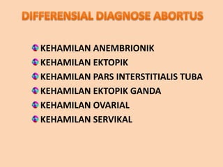 KEHAMILAN ANEMBRIONIK
KEHAMILAN EKTOPIK
KEHAMILAN PARS INTERSTITIALIS TUBA
KEHAMILAN EKTOPIK GANDA
KEHAMILAN OVARIAL
KEHAMILAN SERVIKAL
 