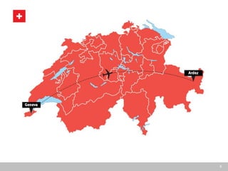 8
17 Bundesländer für den Handel? – Opportunität Schweiz
Schweiz kurz Grafisch vorstellen:
- Anzahl Einwohner (ganze Landkarte)
- Anzahl Sprachen (auf Landkarte mit Anzahl Einwohner)
- Anzahl Städte > 300K Einwohner
- Distanz (Genf bis Martina im Vergelich zu DE zB)
1. Swiss Map (alignment S.8)
a. Population 8 Mio.
b. Languages (4x / regions)
c. All cities > 100K (6 balloons)
d. Distance/airline Geneva – Ardez vs.
similar distance in Bielefled – Berlin
http://www.luftlinie.org/Bielefeld/Berli
n
 