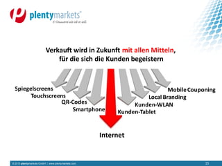 © 2013 plentymarkets GmbH | www.plentymarkets.com 15
Verkauft wird in Zukunft mit allen Mitteln,
für die sich die Kunden begeistern
Internet
Kunden-Tablet
Kunden-WLANQR-Codes
Smartphone
Local BrandingTouchscreens
Spiegelscreens MobileCouponing
 