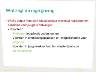 Wat zegt de regelgeving
• Welke output moet een lokaal bestuur minimaal realiseren om

subsidies voor jeugd te ontvangen
- Prioriteit 1
› Particulier jeugdwerk ondersteunen
› Voorzien in ontmoetingsplaatsen en -mogelijkheden voor
jongeren
› Voorzien in jeugdwerkaanbod ten minste tijdens de
zomervakantie

Plankuren- Waregem / H asselt / Puurs

22.10.13

 