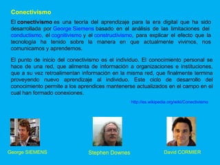 El  conectivismo  es una teoría del aprendizaje para la era digital que ha sido desarrollada por  George Siemens  basado en el análisis de las limitaciones del  conductismo , el  cognitivismo  y el  constructivismo , para explicar el efecto que la tecnología ha tenido sobre la manera en que actualmente vivimos, nos comunicamos y aprendemos. El punto de inicio del conectivismo es el individuo. El conocimiento personal se hace de una red, que alimenta de información a organizaciones e instituciones, que a su vez retroalimentan información en la misma red, que finalmente termina proveyendo nuevo aprendizaje al individuo. Este ciclo de desarrollo del conocimiento permite a los aprendices mantenerse actualizados en el campo en el cual han formado conexiones. http://es.wikipedia.org/wiki/Conectivismo Conectivismo George SIEMENS Stephen Downes David CORMIER 