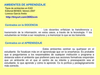 Centrados en la DOCENCIA Centrados en el APRENDIZAJE Tipos de ambientes en EAD Editorial BENED, febrero 2007 Lorenzo García Aretio http://tinyurl.com/2692xvm   AMBIENTES DE APRENDIZAJE 