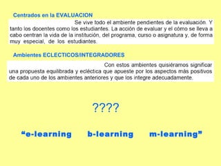 Centrados en la EVALUACION Ambientes ECLECTICOS/INTEGRADORES “ e-learning  b-learning  m-learning” ???? 