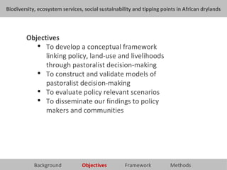 <ul><li>Objectives </li></ul><ul><ul><li>To develop a conceptual framework linking policy, land-use and livelihoods throug...