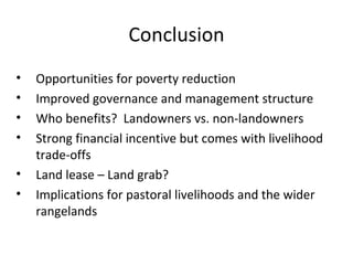 Conservation, livelihoods and privatised land: Wildlife conservancies in the Mara, Kenya