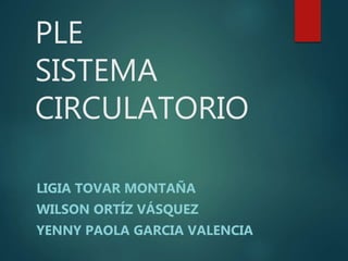 PLE
SISTEMA
CIRCULATORIO
LIGIA TOVAR MONTAÑA
WILSON ORTÍZ VÁSQUEZ
YENNY PAOLA GARCIA VALENCIA