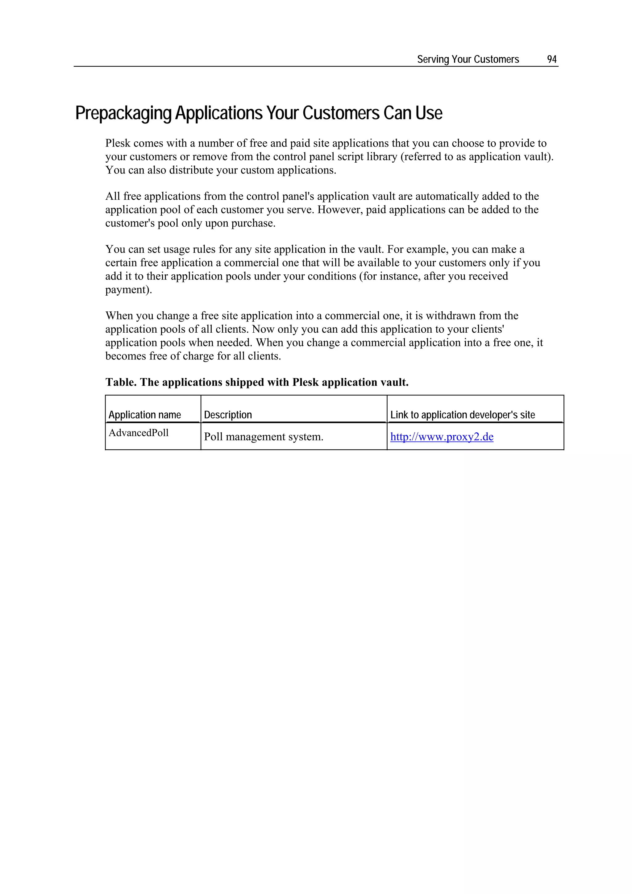 Serving Your Customers           94




Prepackaging Applications Your Customers Can Use
   Plesk comes with a number of free and paid site applications that you can choose to provide to
   your customers or remove from the control panel script library (referred to as application vault).
   You can also distribute your custom applications.

   All free applications from the control panel's application vault are automatically added to the
   application pool of each customer you serve. However, paid applications can be added to the
   customer's pool only upon purchase.

   You can set usage rules for any site application in the vault. For example, you can make a
   certain free application a commercial one that will be available to your customers only if you
   add it to their application pools under your conditions (for instance, after you received
   payment).

   When you change a free site application into a commercial one, it is withdrawn from the
   application pools of all clients. Now only you can add this application to your clients'
   application pools when needed. When you change a commercial application into a free one, it
   becomes free of charge for all clients.

   Table. The applications shipped with Plesk application vault.

    Application name    Description                              Link to application developer's site
    AdvancedPoll        Poll management system.                  http://www.proxy2.de
 