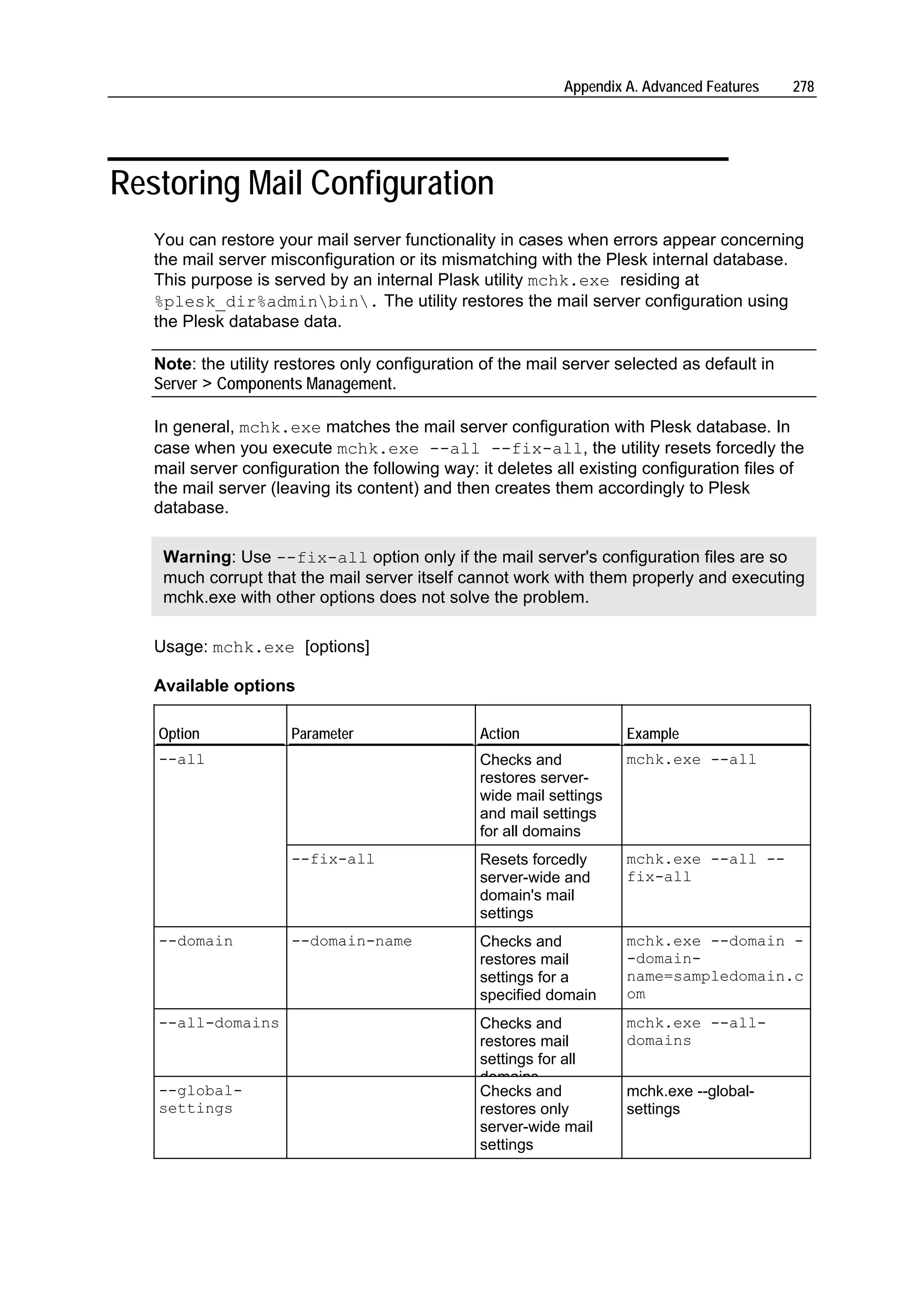 Appendix A. Advanced Features    278




Restoring Mail Configuration
   You can restore your mail server functionality in cases when errors appear concerning
   the mail server misconfiguration or its mismatching with the Plesk internal database.
   This purpose is served by an internal Plask utility mchk.exe residing at
   %plesk_dir%adminbin. The utility restores the mail server configuration using
   the Plesk database data.

   Note: the utility restores only configuration of the mail server selected as default in
   Server > Components Management.

   In general, mchk.exe matches the mail server configuration with Plesk database. In
   case when you execute mchk.exe --all --fix-all, the utility resets forcedly the
   mail server configuration the following way: it deletes all existing configuration files of
   the mail server (leaving its content) and then creates them accordingly to Plesk
   database.

    Warning: Use --fix-all option only if the mail server's configuration files are so
    much corrupt that the mail server itself cannot work with them properly and executing
    mchk.exe with other options does not solve the problem.

   Usage: mchk.exe [options]

   Available options

   Option             Parameter                 Action               Example
   --all                                        Checks and           mchk.exe --all
                                                restores server-
                                                wide mail settings
                                                and mail settings
                                                for all domains
                      --fix-all                 Resets forcedly      mchk.exe --all --
                                                server-wide and      fix-all
                                                domain's mail
                                                settings
   --domain           --domain-name             Checks and           mchk.exe --domain -
                                                restores mail        -domain-
                                                settings for a       name=sampledomain.c
                                                specified domain     om
   --all-domains                                Checks and           mchk.exe --all-
                                                restores mail        domains
                                                settings for all
                                                domains
   --global-                                    Checks and           mchk.exe --global-
   settings                                     restores only        settings
                                                server-wide mail
                                                settings
 