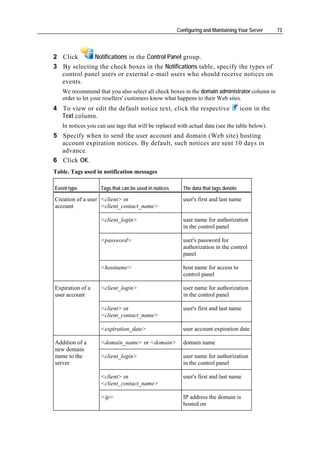 Configuring and Maintaining Your Server     73




2 Click      Notifications in the Control Panel group.
3 By selecting the check boxes in the Notifications table, specify the types of
  control panel users or external e-mail users who should receive notices on
  events.
   We recommend that you also select all check boxes in the domain administrator column in
   order to let your resellers' customers know what happens to their Web sites.
4 To view or edit the default notice text, click the respective                     icon in the
  Text column.
   In notices you can use tags that will be replaced with actual data (see the table below).
5 Specify when to send the user account and domain (Web site) hosting
  account expiration notices. By default, such notices are sent 10 days in
  advance.
6 Click OK.
Table. Tags used in notification messages

Event type         Tags that can be used in notices     The data that tags denote

Creation of a user <client> or                          user's first and last name
account            <client_contact_name>

                   <client_login>                       user name for authorization
                                                        in the control panel

                   <password>                           user's password for
                                                        authorization in the control
                                                        panel

                   <hostname>                           host name for access to
                                                        control panel

Expiration of a    <client_login>                       user name for authorization
user account                                            in the control panel

                   <client> or                          user's first and last name
                   <client_contact_name>

                   <expiration_date>                    user account expiration date

Addition of a      <domain_name> or <domain>            domain name
new domain
name to the        <client_login>                       user name for authorization
server                                                  in the control panel

                   <client> or                          user's first and last name
                   <client_contact_name>

                   <ip>                                 IP address the domain is
                                                        hosted on
 